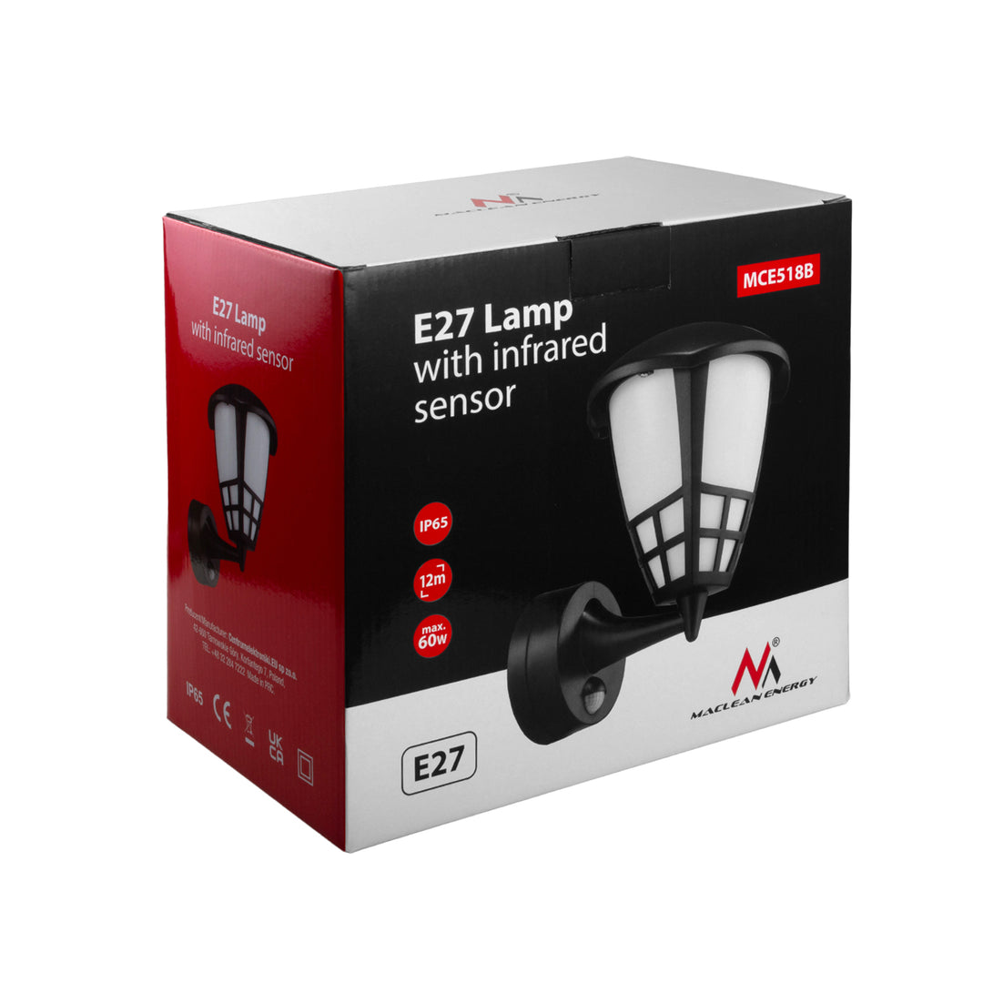 Luminária de parede com sensor de movimento Maclean MCE518 B, 1xE27, IP65, máx. 60 W, preta