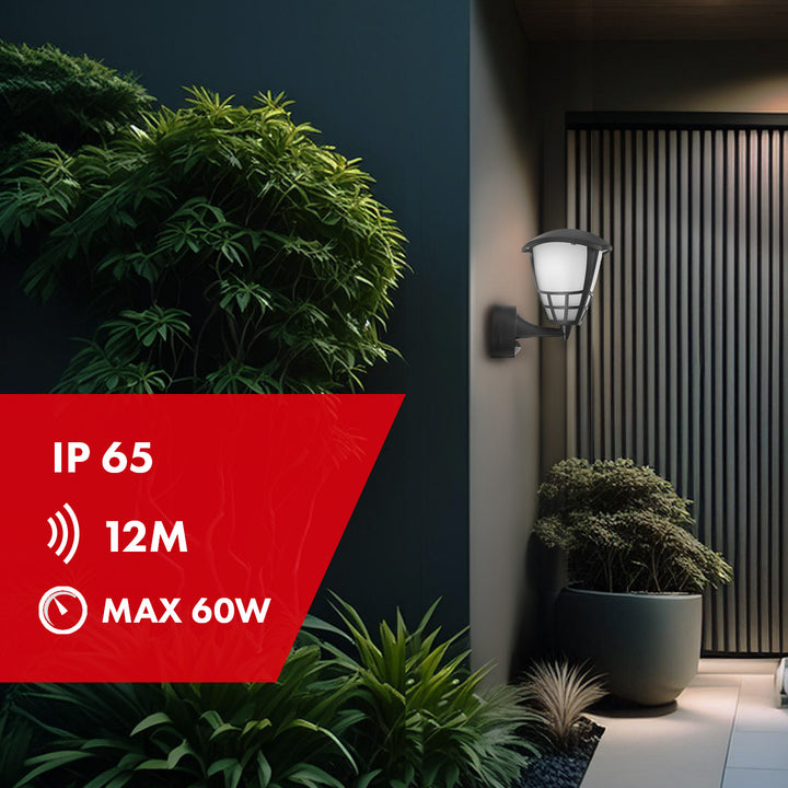 Luminária de parede com sensor de movimento Maclean MCE518 B, 1xE27, IP65, máx. 60 W, preta