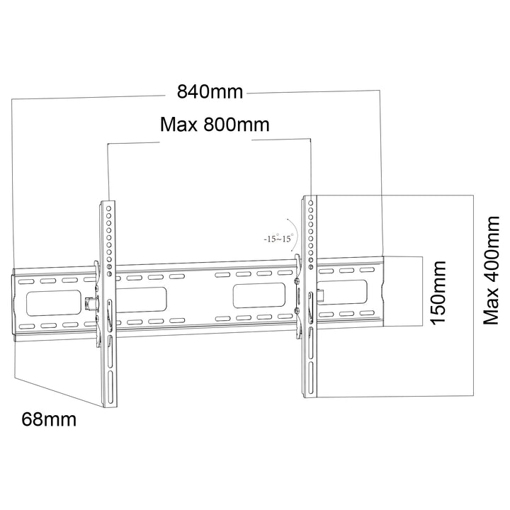 Suporte de parede para TV Maclean MC-422, suporte de parede para TV com ecrãs de 43 a 100 polegadas, VESA máx. 800x400, carga máxima de 120 kg, regulação da inclinação de +15° a -15°