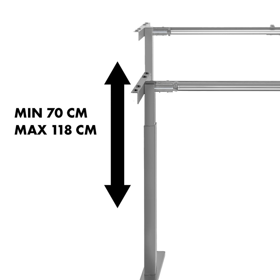 Mesa Maclean MC-790NG com regulação manual em altura, sem tampo, para sentar ou estar de pé.