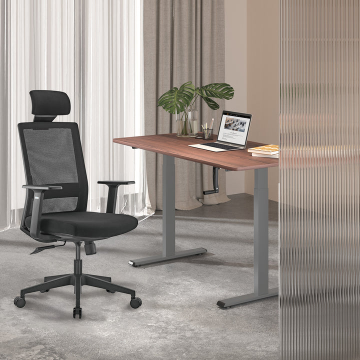 Mesa Maclean MC-790NG com regulação manual em altura, sem tampo, para sentar ou estar de pé.