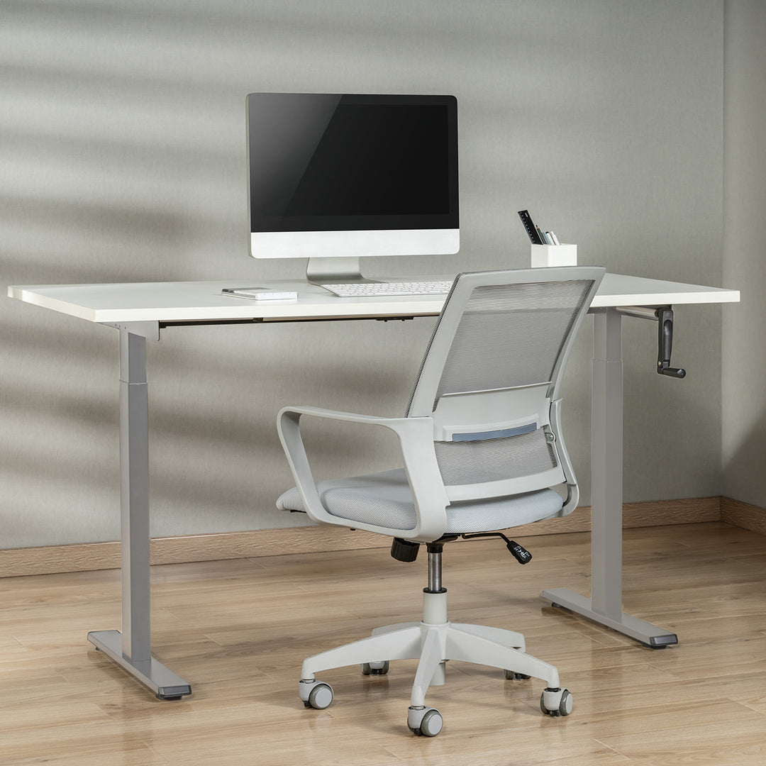 Mesa Maclean MC-790NG com regulação manual em altura, sem tampo, para sentar ou estar de pé.