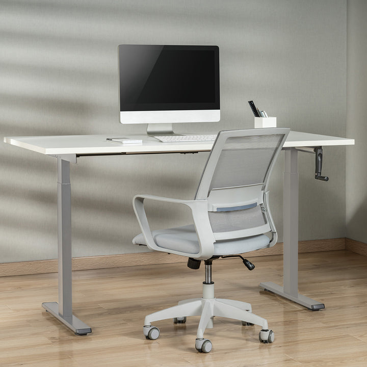 Mesa Maclean MC-790NG com regulação manual em altura, sem tampo, para sentar ou estar de pé.