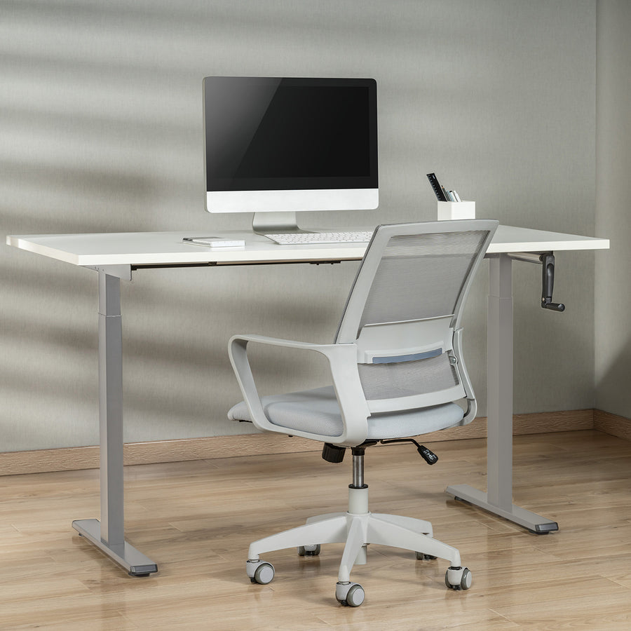 Mesa Maclean MC-790NG com regulação manual em altura, sem tampo, para sentar ou estar de pé.