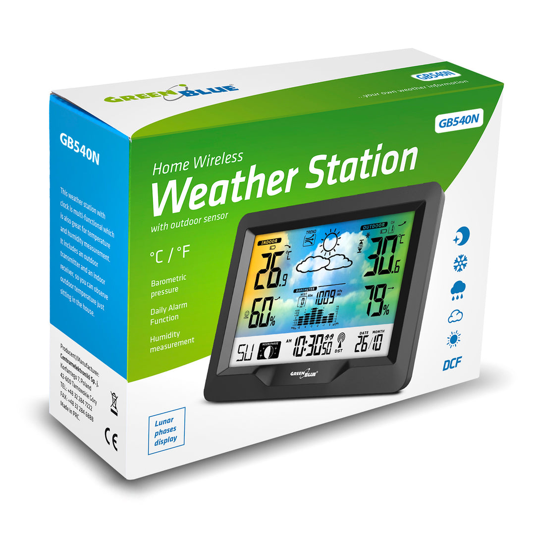 Estação meteorológica colorida sem fios GreenBlue GB540N com DCF, fases da lua, barómetro, calendário e fonte de alimentação