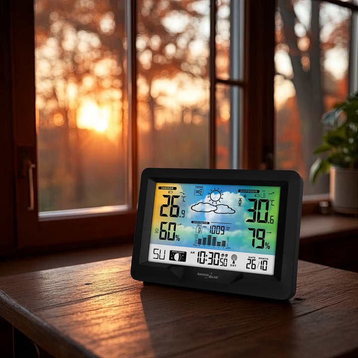 Estação meteorológica colorida sem fios GreenBlue GB540N com DCF, fases da lua, barómetro, calendário e fonte de alimentação