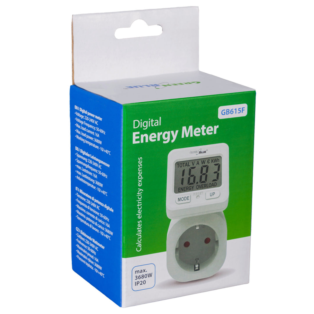 Medidor de Consumo de Energia GreenBlue GB615 F, Wattímetro, 16A, Carga Máxima 3680W, Submemória