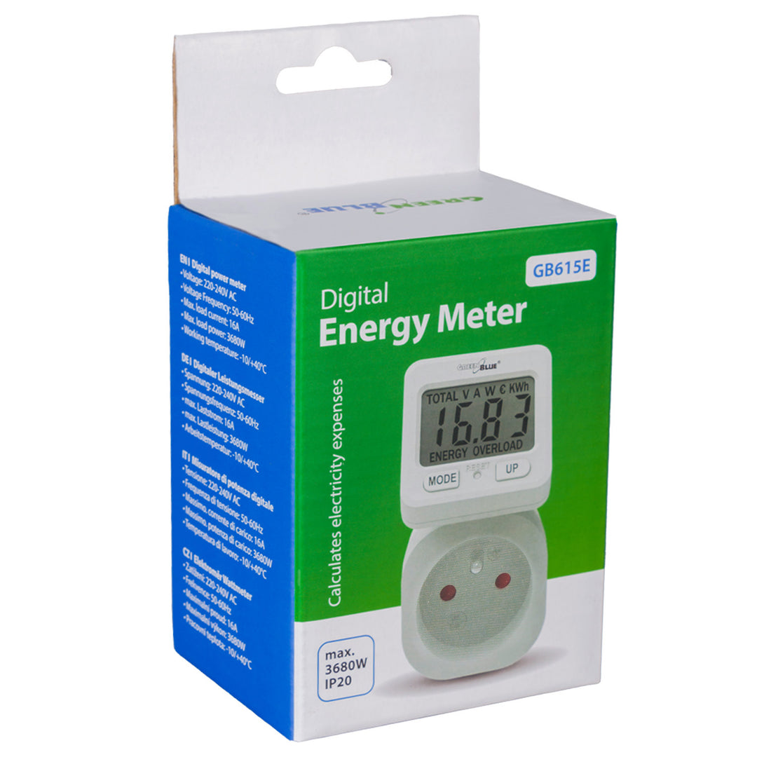 GreenBlue GB615 E Medidor de Consumo de Energia, Wattímetro, 16A, Carga Máxima 3680W, Submemória