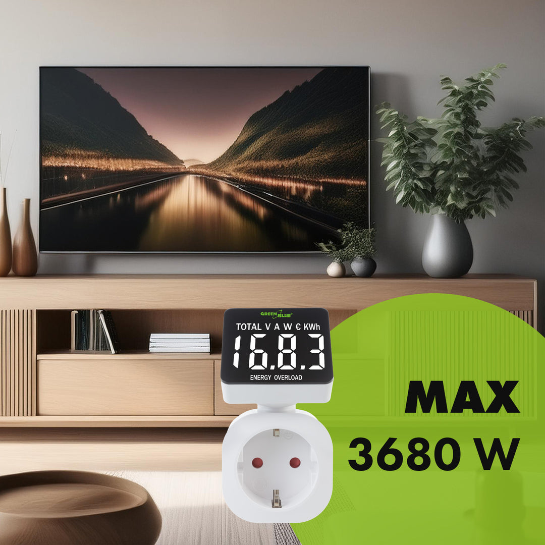 Medidor de Consumo de Energia GreenBlue GB620 F, Wattímetro, 16A, Carga Máxima 3680W, Submemória