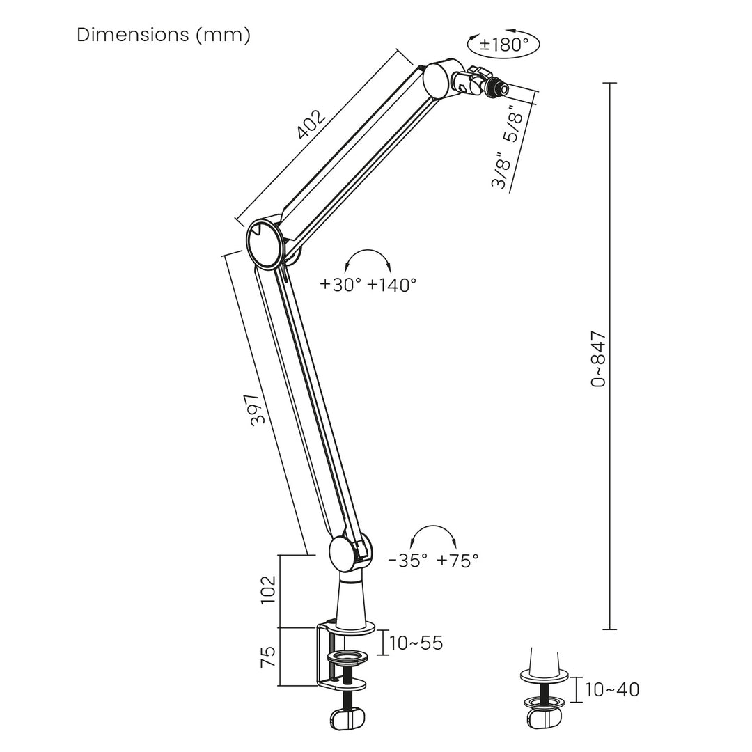 Suporte para microfone NanoRS RS421 com suporte de mesa de 3/8" e 5/8" | Altura regulável até 84,7 cm | Rotação de 360° | Gestão de cabos integrada | Conduta de cabos | Carga máxima de 1 kg