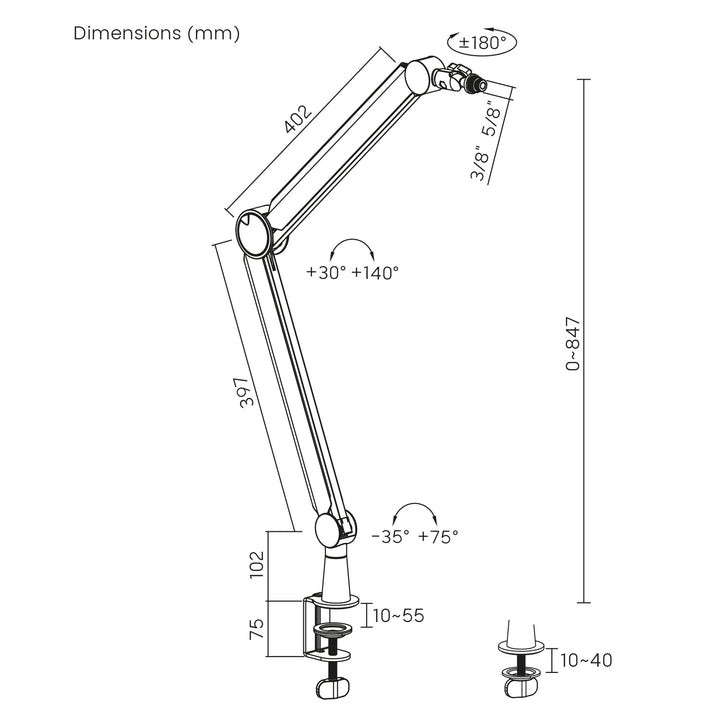 Suporte para microfone NanoRS RS421 com suporte de mesa de 3/8" e 5/8" | Altura regulável até 84,7 cm | Rotação de 360° | Gestão de cabos integrada | Conduta de cabos | Carga máxima de 1 kg