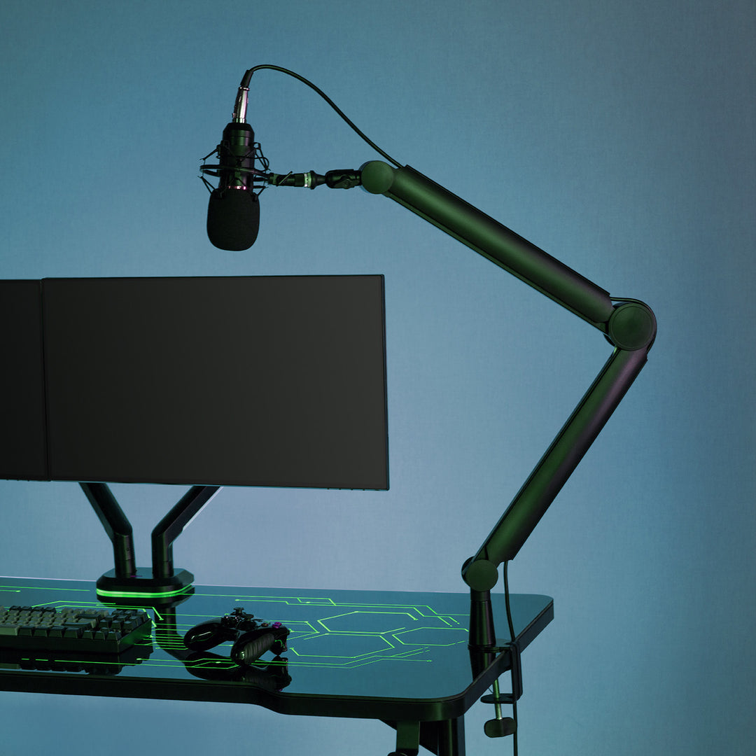 Suporte para microfone NanoRS RS421 com suporte de mesa de 3/8" e 5/8" | Altura regulável até 84,7 cm | Rotação de 360° | Gestão de cabos integrada | Conduta de cabos | Carga máxima de 1 kg