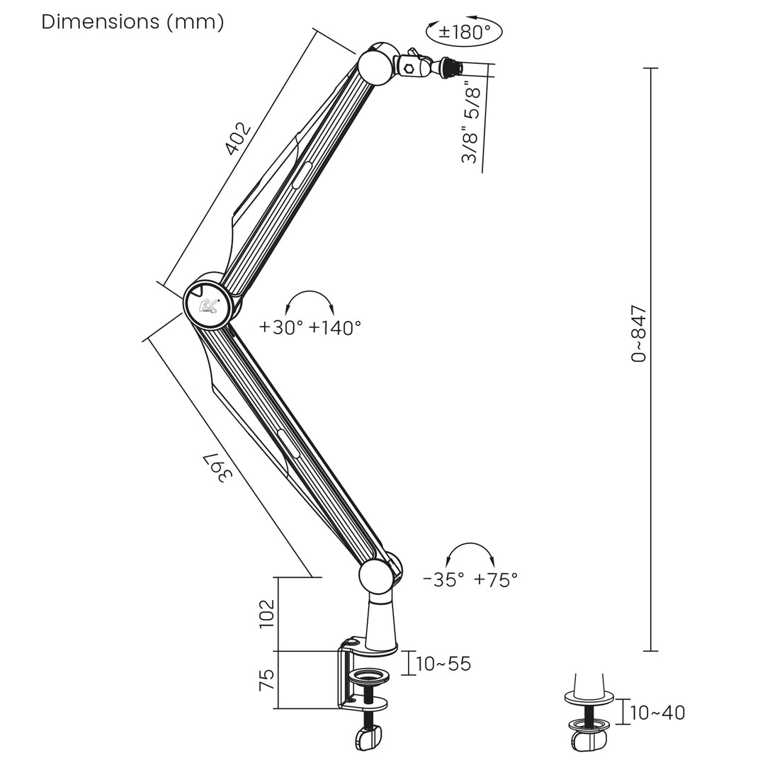Suporte para microfone NanoRS RS422 com roscas de 3/8" e 5/8" para mesa, carga máxima de 1 kg | Altura regulável até 84,7 cm | Rotação de 360° | Com gestão de cabos | Ideal para estúdio e streaming