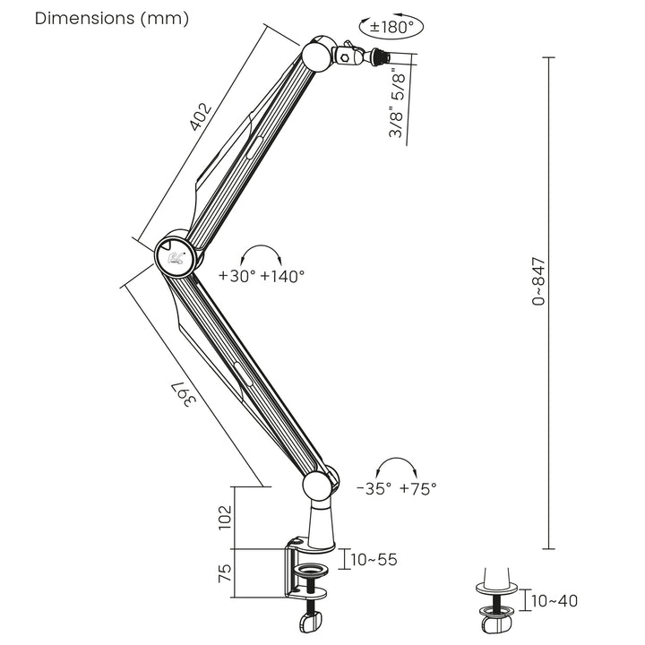 Suporte para microfone NanoRS RS422 com roscas de 3/8" e 5/8" para mesa, carga máxima de 1 kg | Altura regulável até 84,7 cm | Rotação de 360° | Com gestão de cabos | Ideal para estúdio e streaming