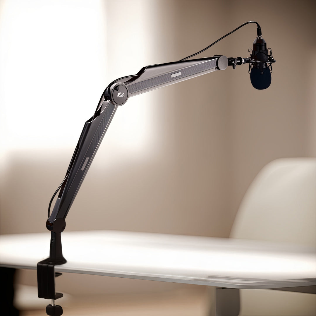 Suporte para microfone NanoRS RS422 com roscas de 3/8" e 5/8" para mesa, carga máxima de 1 kg | Altura regulável até 84,7 cm | Rotação de 360° | Com gestão de cabos | Ideal para estúdio e streaming