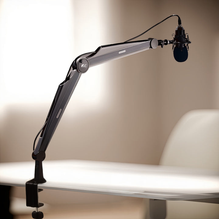 Suporte para microfone NanoRS RS422 com roscas de 3/8" e 5/8" para mesa, carga máxima de 1 kg | Altura regulável até 84,7 cm | Rotação de 360° | Com gestão de cabos | Ideal para estúdio e streaming