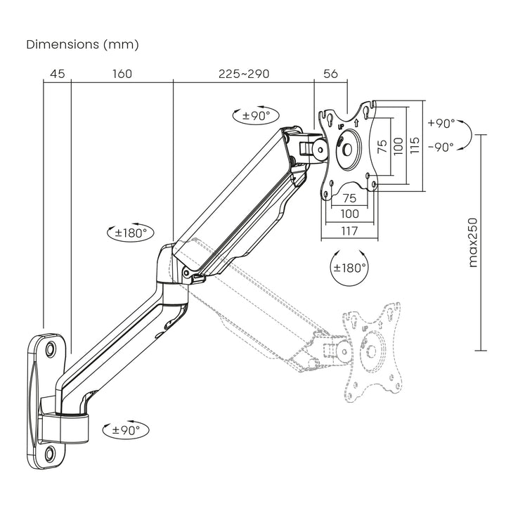 Maclean MC-332 Soporte de Pared Universal para Monitor de Doble Brazo | Pantallas Planas y Curvas de 17-32" | VESA 75x75 y 100x100 | Giratorio, Inclinable | Carga máx. 9 kg