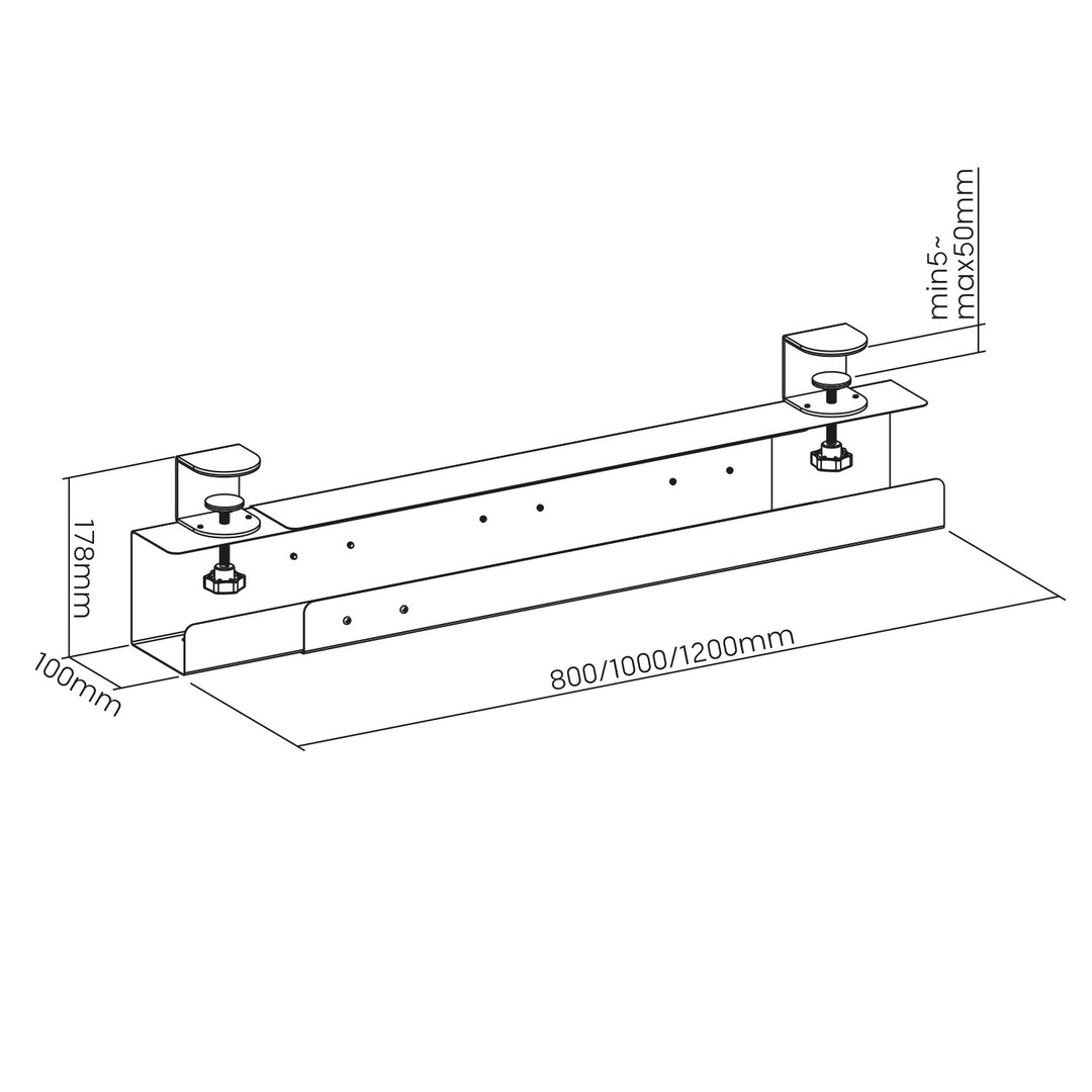 Organizador de cabos por baixo da secretária Maclean MC-333, tabuleiro para gestão de cabos para escritório e casa, carga máxima de 5 kg, comprimento ajustável de 80/100/120 cm