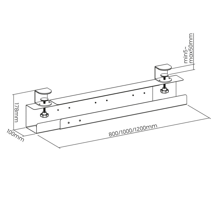 Organizador de cabos por baixo da secretária Maclean MC-333, tabuleiro para gestão de cabos para escritório e casa, carga máxima de 5 kg, comprimento ajustável de 80/100/120 cm