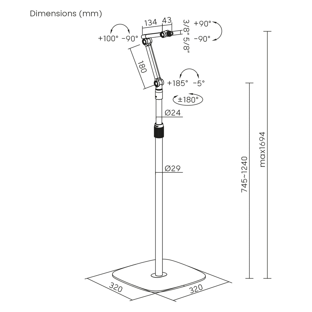 Suporte para microfone Maclean MC-337, suporte metálico com altura ajustável de 626 a 1694 mm, carga máxima de 1 kg