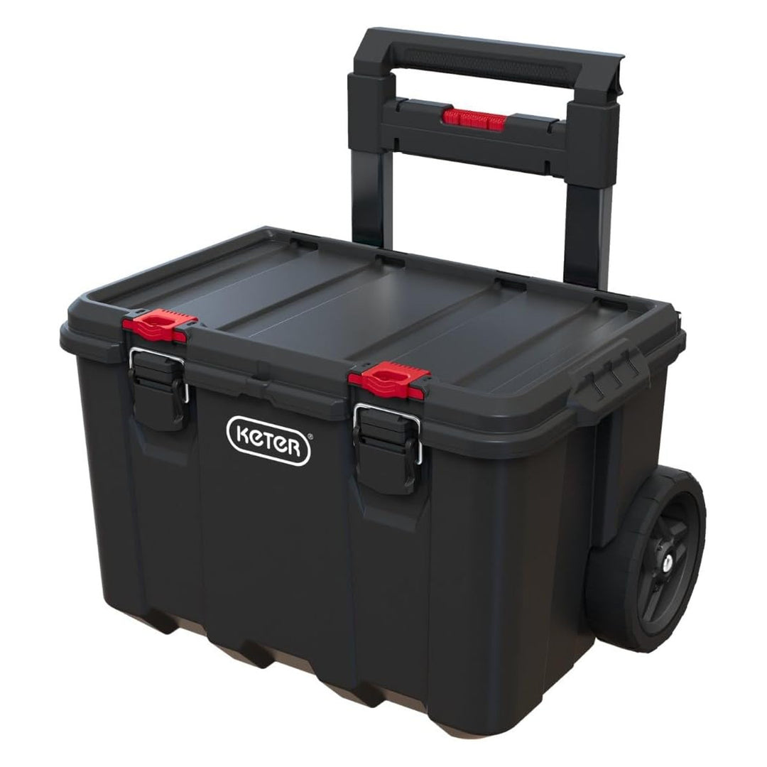Conjunto de caixas com rodas Keter, pega telescópica, capacidade de 150 L, empilhável e rolante
