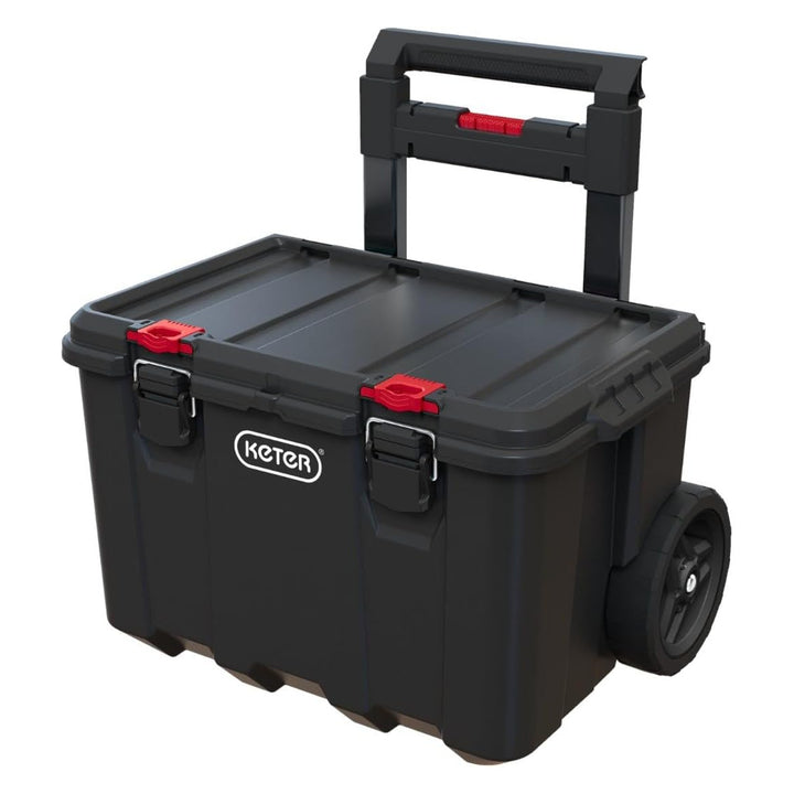 Conjunto de caixas com rodas Keter, pega telescópica, capacidade de 150 L, empilhável e rolante