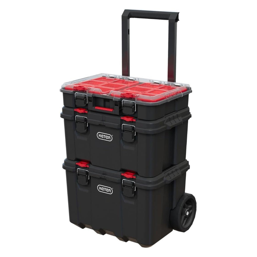 Conjunto de caixas com rodas Keter, pega telescópica, capacidade de 150 L, empilhável e rolante