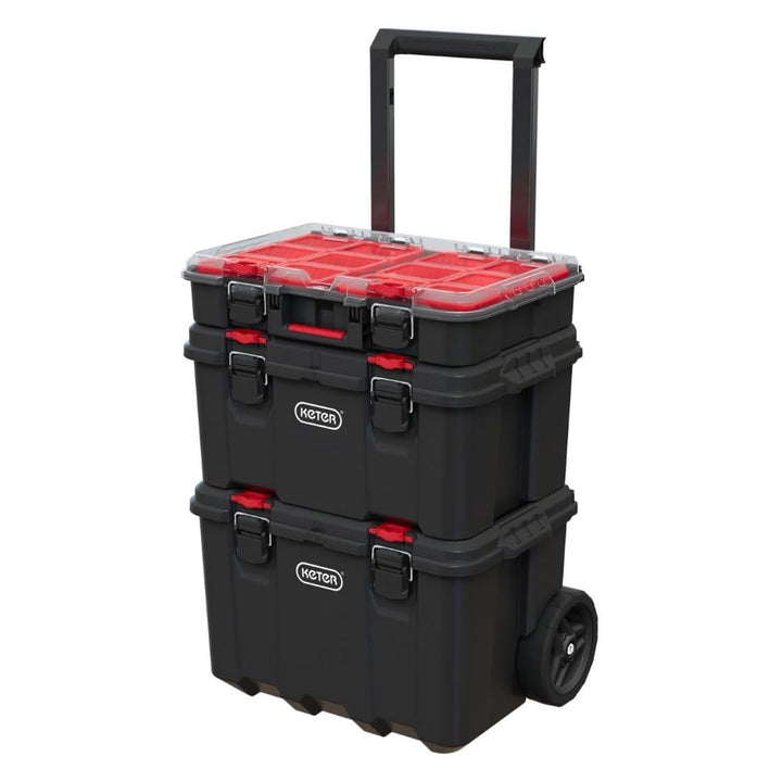 Conjunto de caixas com rodas Keter, pega telescópica, capacidade de 150 L, empilhável e rolante