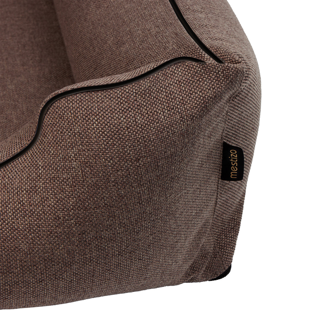 Cama de espuma dupla para cães Mestizo Mallorca Standard, cesto para cães, sofá de tecido estofado, capa lavável (100 x 75 cm, castanho com rebordo preto) SMTF-BRO-B-3