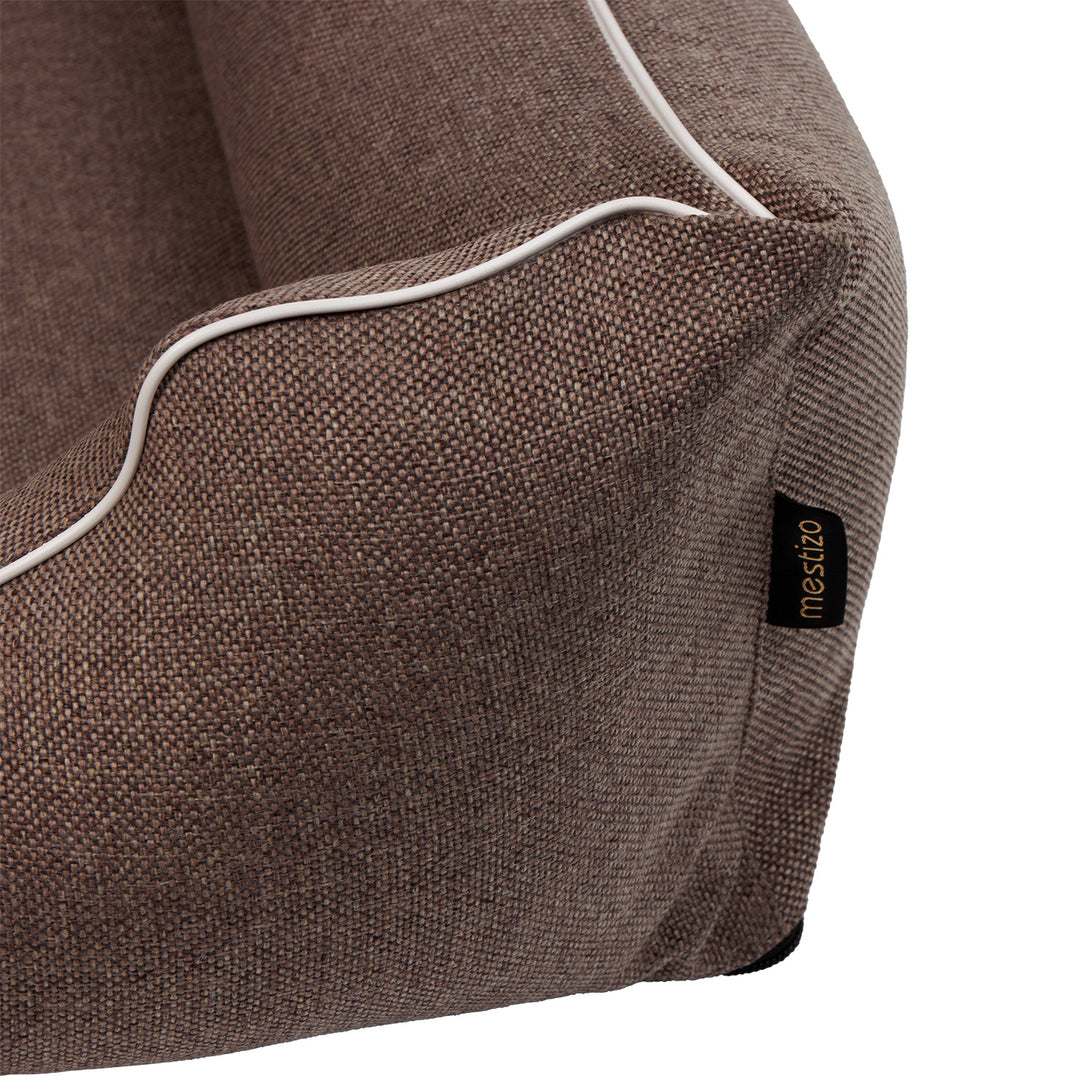 Cama de espuma dupla para cães Mestizo Mallorca Standard, cesto para cães, sofá de tecido estofado, capa lavável (100 x 75 cm, castanho com rebordo branco) SMTF-BRO-W-3
