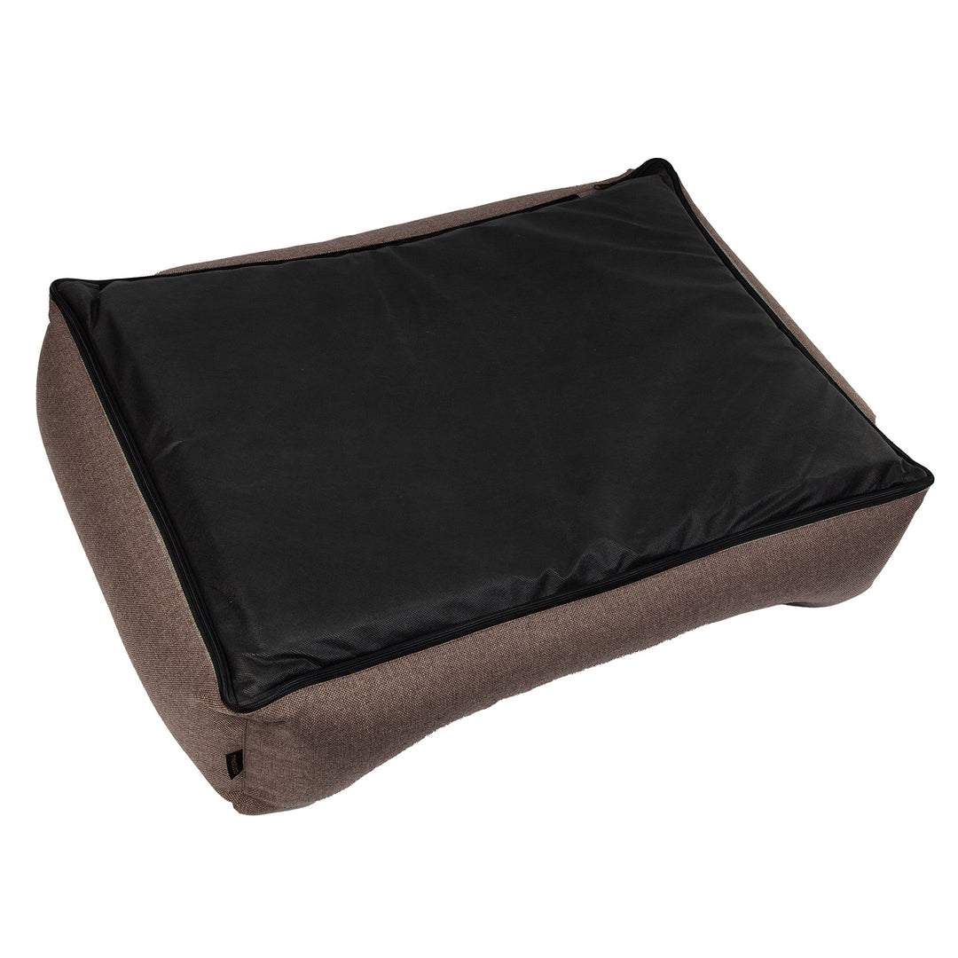 Cama de espuma dupla para cães Mestizo Mallorca Standard, cesto para cães, sofá de tecido estofado, capa lavável (100 x 75 cm, castanho com rebordo branco) SMTF-BRO-W-3