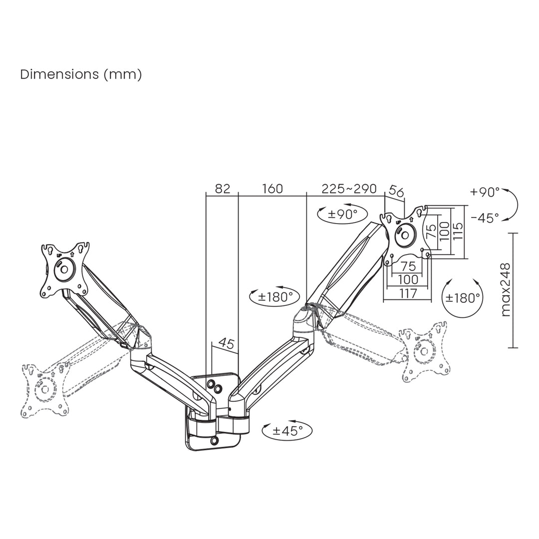 Suporte de parede para monitor duplo Maclean MC-988, ecrãs de 17 a 32 polegadas, suporte duplo, mola mecânica, carga máxima de 9 kg