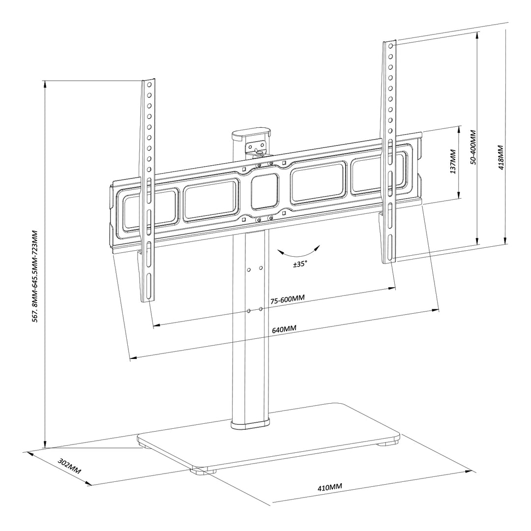 Suporte de TV universal Maclean MC-386 para TVs de 32 a 75" até 40 kg, ajustável em 3 alturas, VESA máx. 600 x 400 mm, suporte de TV, base em vidro temperado