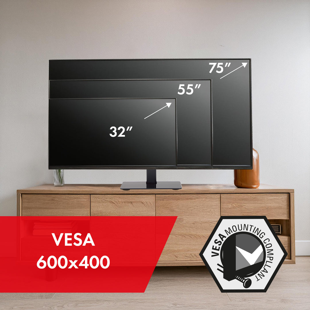 Suporte de TV universal Maclean MC-386 para TVs de 32 a 75" até 40 kg, ajustável em 3 alturas, VESA máx. 600 x 400 mm, suporte de TV, base em vidro temperado