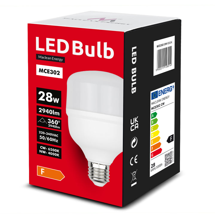4 lâmpadas LED Maclean, E27, 28 W, 220-240 V CA, branco frio, 6500 K, 2940 lm, MCE302 CW