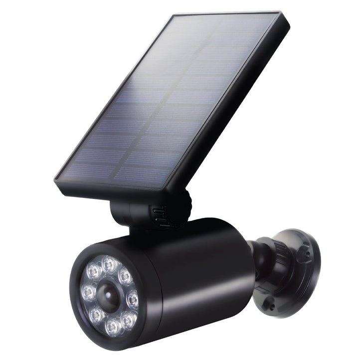 Câmara IP fictícia Maclean com sensor de movimento e luz LED, câmara de vigilância IP fictícia com lente, IP44, utilização no exterior, 220 lm, 6500 K, alimentada a energia solar, LED vermelho intermitente