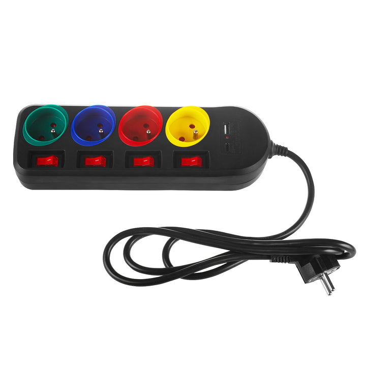 Maclean MCE508 B Regleta de 4 tomas + USB A/C, Cable alargador con interruptores, 250 V CA/10 A, 1,5 m, Color Negro
