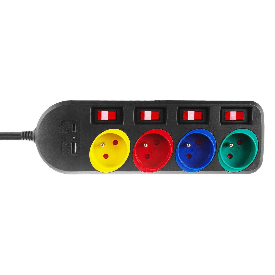 Maclean MCE508 B Regleta de 4 tomas + USB A/C, Cable alargador con interruptores, 250 V CA/10 A, 1,5 m, Color Negro