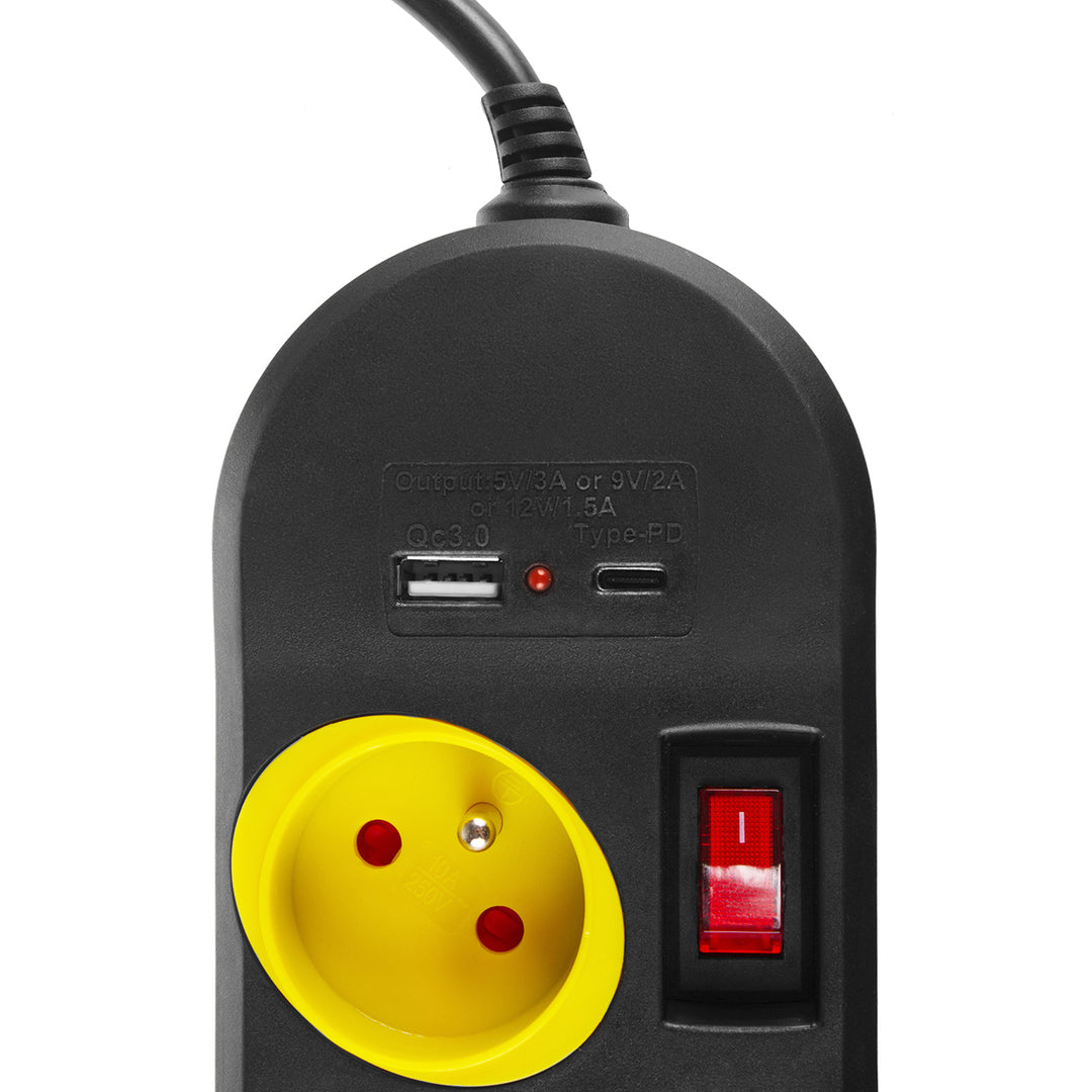 Maclean MCE508 B Regleta de 4 tomas + USB A/C, Cable alargador con interruptores, 250 V CA/10 A, 1,5 m, Color Negro