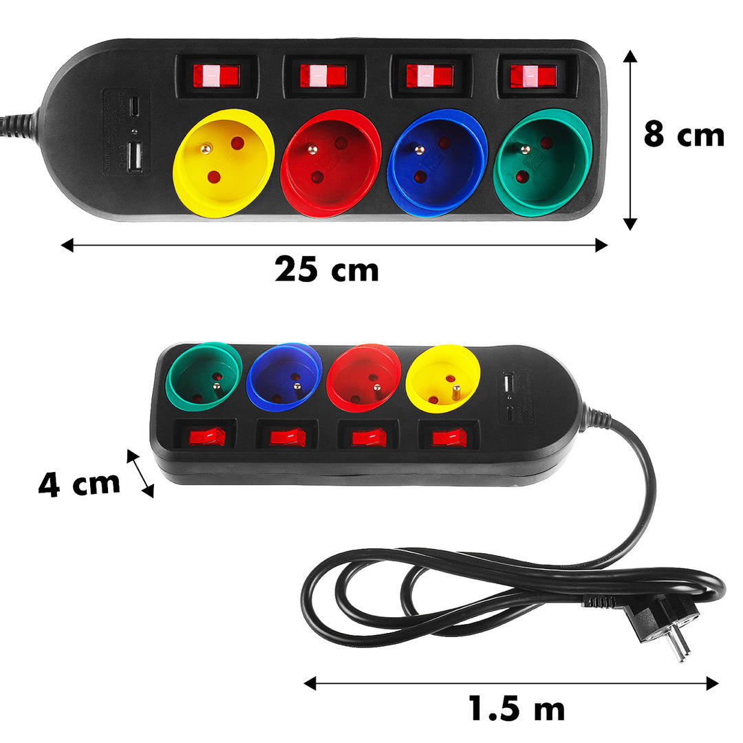 Maclean MCE508 B Regleta de 4 tomas + USB A/C, Cable alargador con interruptores, 250 V CA/10 A, 1,5 m, Color Negro