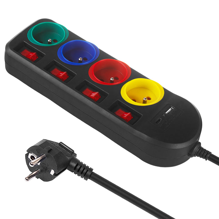 Maclean MCE508 B Regleta de 4 tomas + USB A/C, Cable alargador con interruptores, 250 V CA/10 A, 1,5 m, Color Negro