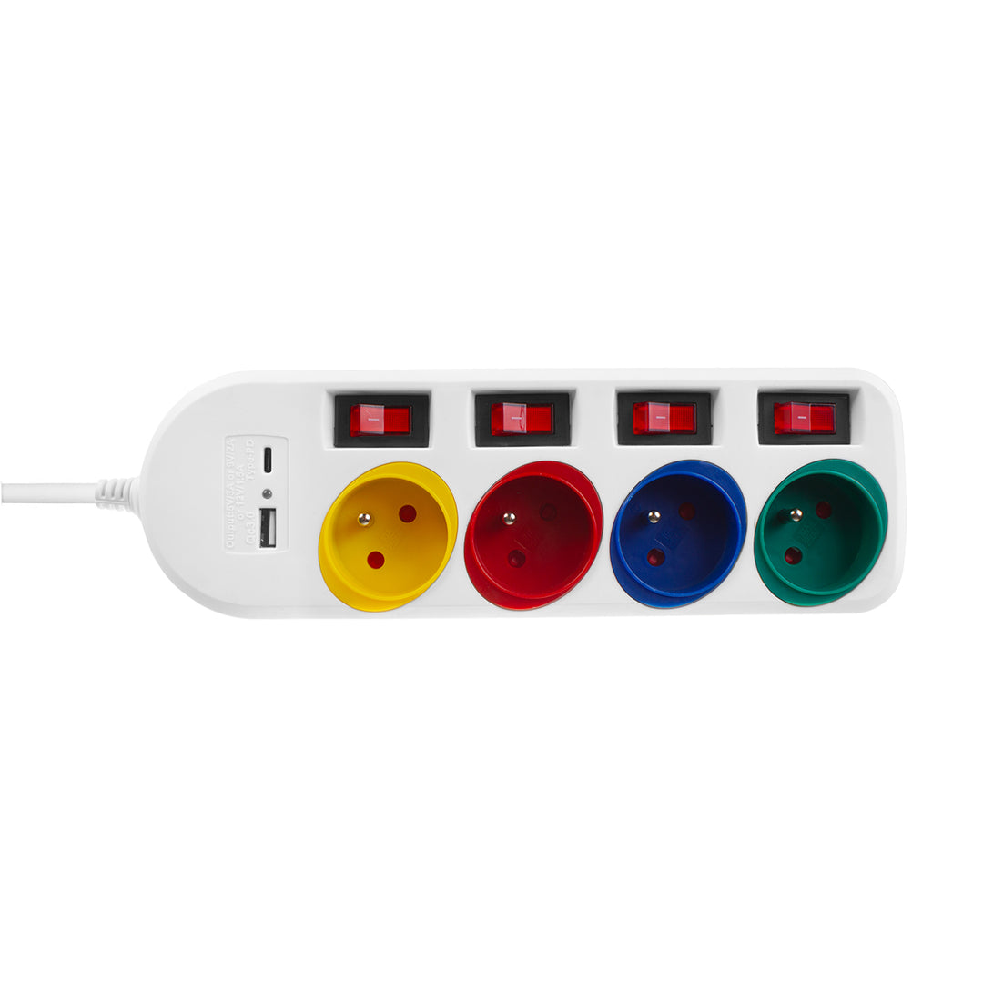 Filtro de linha Maclean MCE508 W com 4 tomadas + USB CA, Cabo de extensão com interruptores, 250 V CA/10 A, 1,5 m, Preto