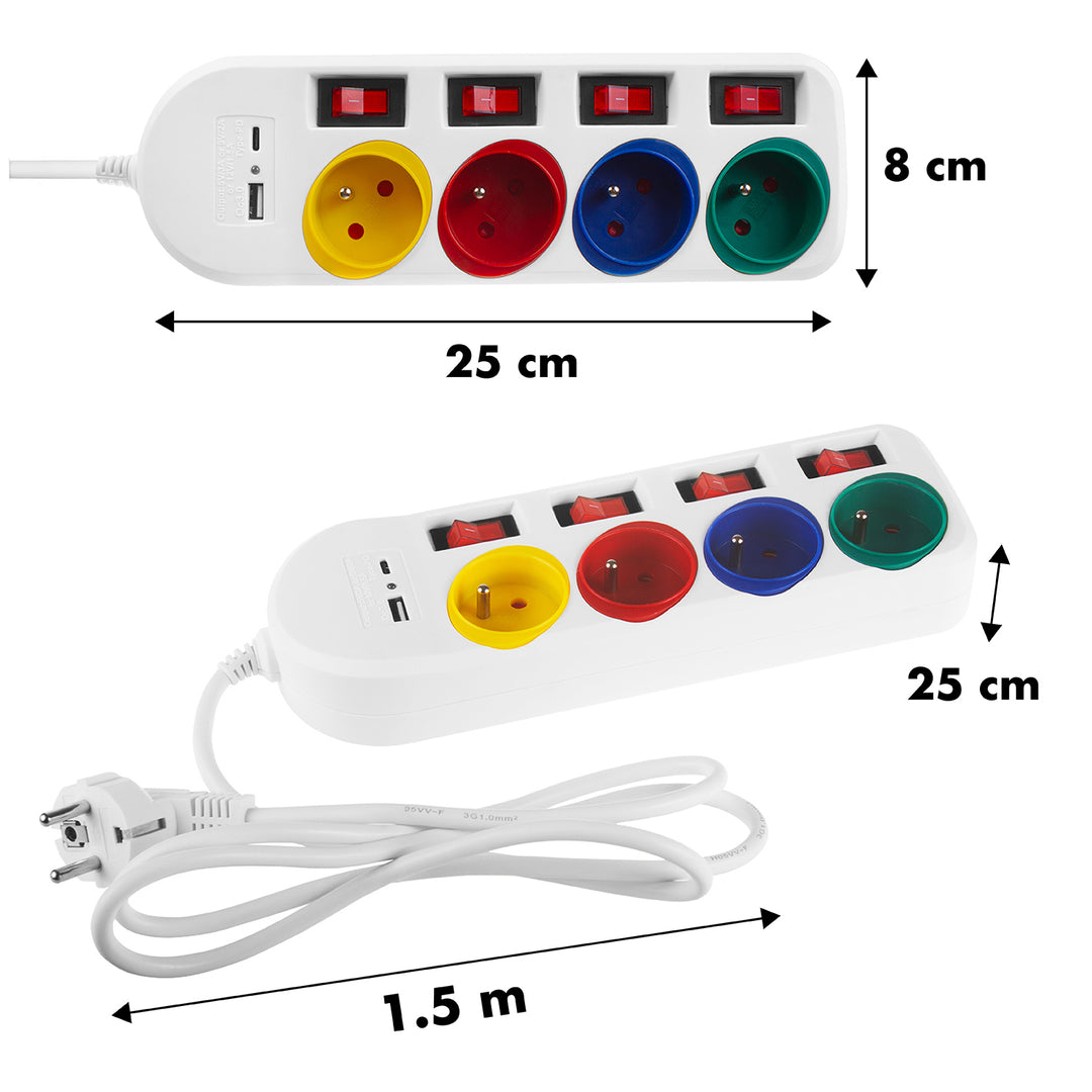Filtro de linha Maclean MCE508 W com 4 tomadas + USB CA, Cabo de extensão com interruptores, 250 V CA/10 A, 1,5 m, Preto