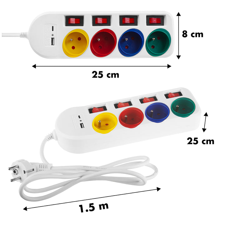 Filtro de linha Maclean MCE508 W com 4 tomadas + USB CA, Cabo de extensão com interruptores, 250 V CA/10 A, 1,5 m, Preto