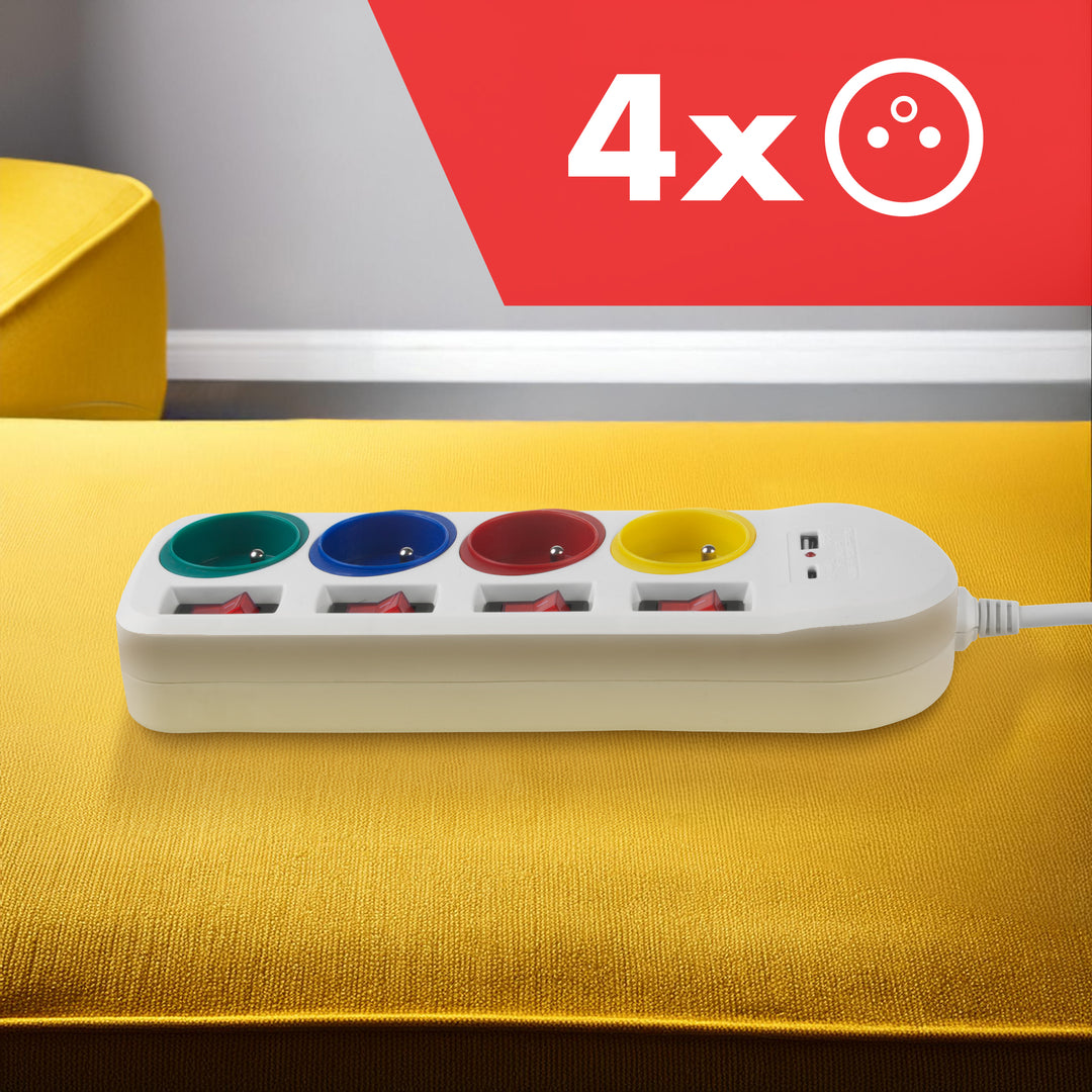 Filtro de linha Maclean MCE508 W com 4 tomadas + USB CA, Cabo de extensão com interruptores, 250 V CA/10 A, 1,5 m, Preto
