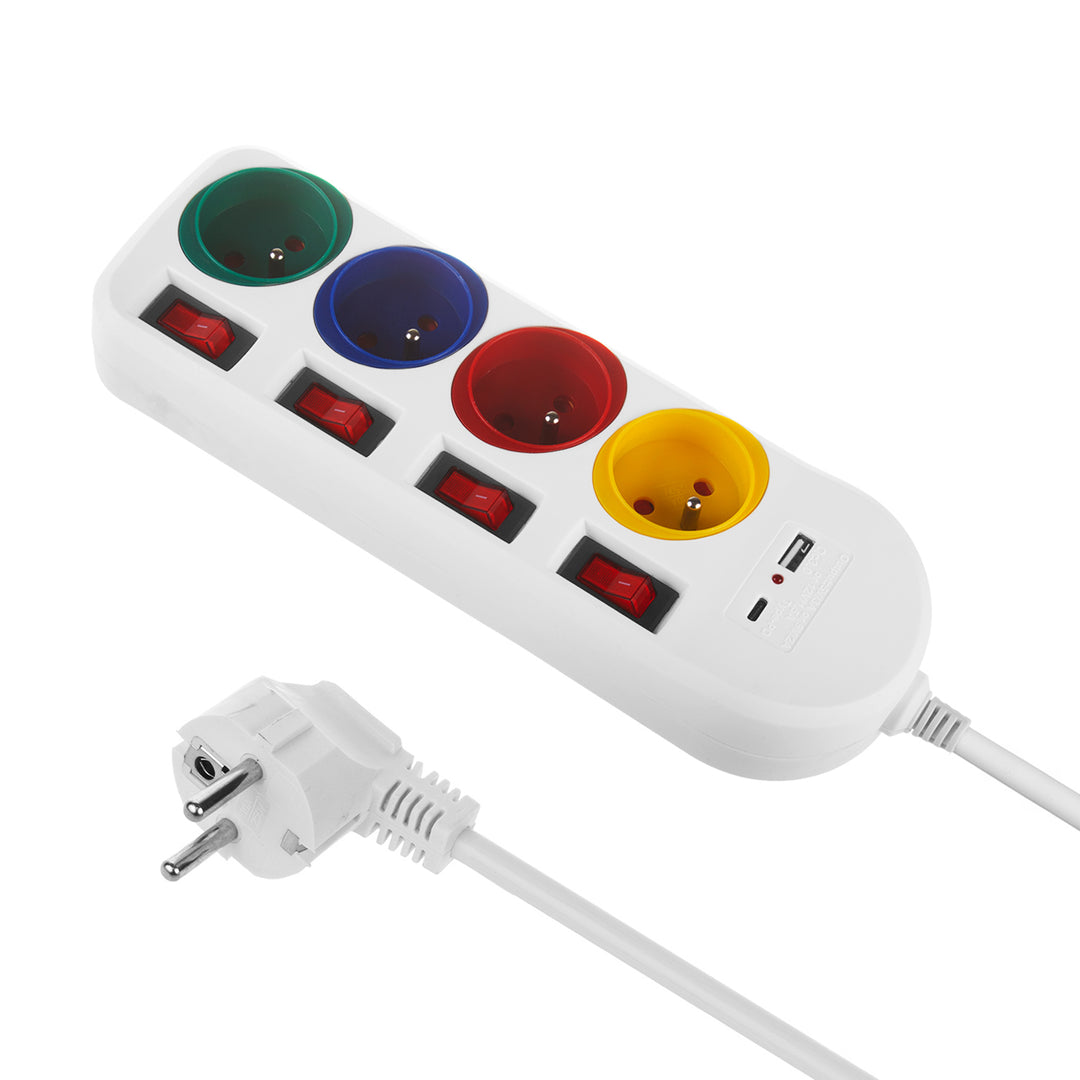Filtro de linha Maclean MCE508 W com 4 tomadas + USB CA, Cabo de extensão com interruptores, 250 V CA/10 A, 1,5 m, Preto
