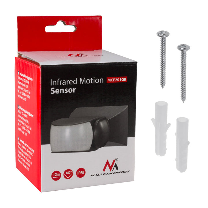Sensor de movimento infravermelho universal Maclean MCE201 GR com sensor de crepúsculo, alcance: 12 m, detetor de movimento para montagem no teto e na parede, utilização no interior e no exterior