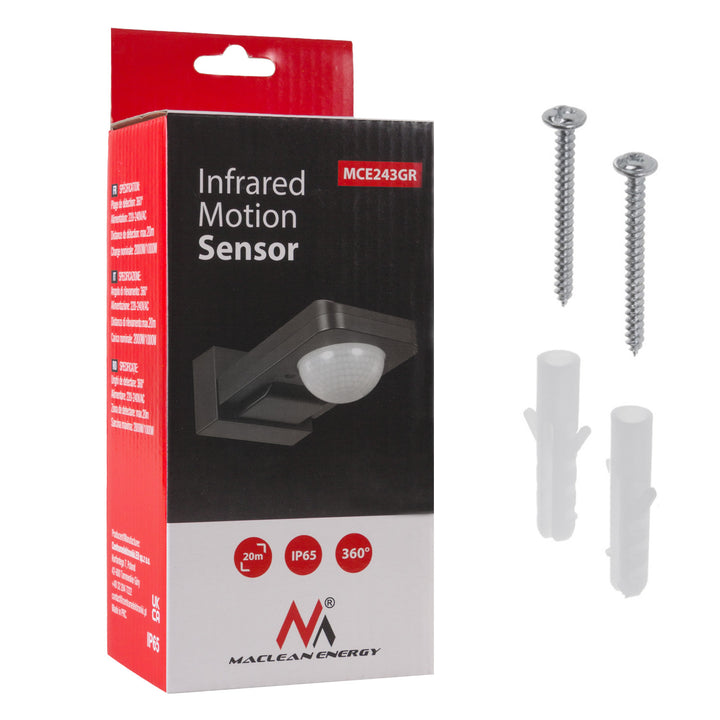 Sensor de movimento infravermelho e crepuscular Maclean MCE243 GR, alcance de deteção de 360° até 20 m, proteção IP65 contra água e poeiras, máx. 2000 W, infravermelhos PIR, interno e externo