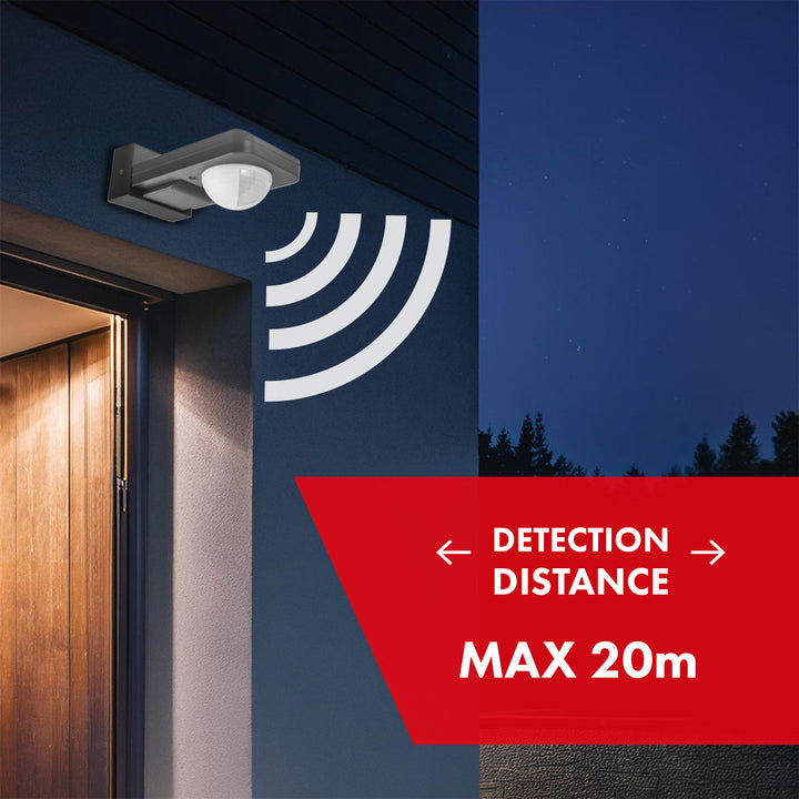 Sensor de movimento infravermelho e crepuscular Maclean MCE243 GR, alcance de deteção de 360° até 20 m, proteção IP65 contra água e poeiras, máx. 2000 W, infravermelhos PIR, interno e externo