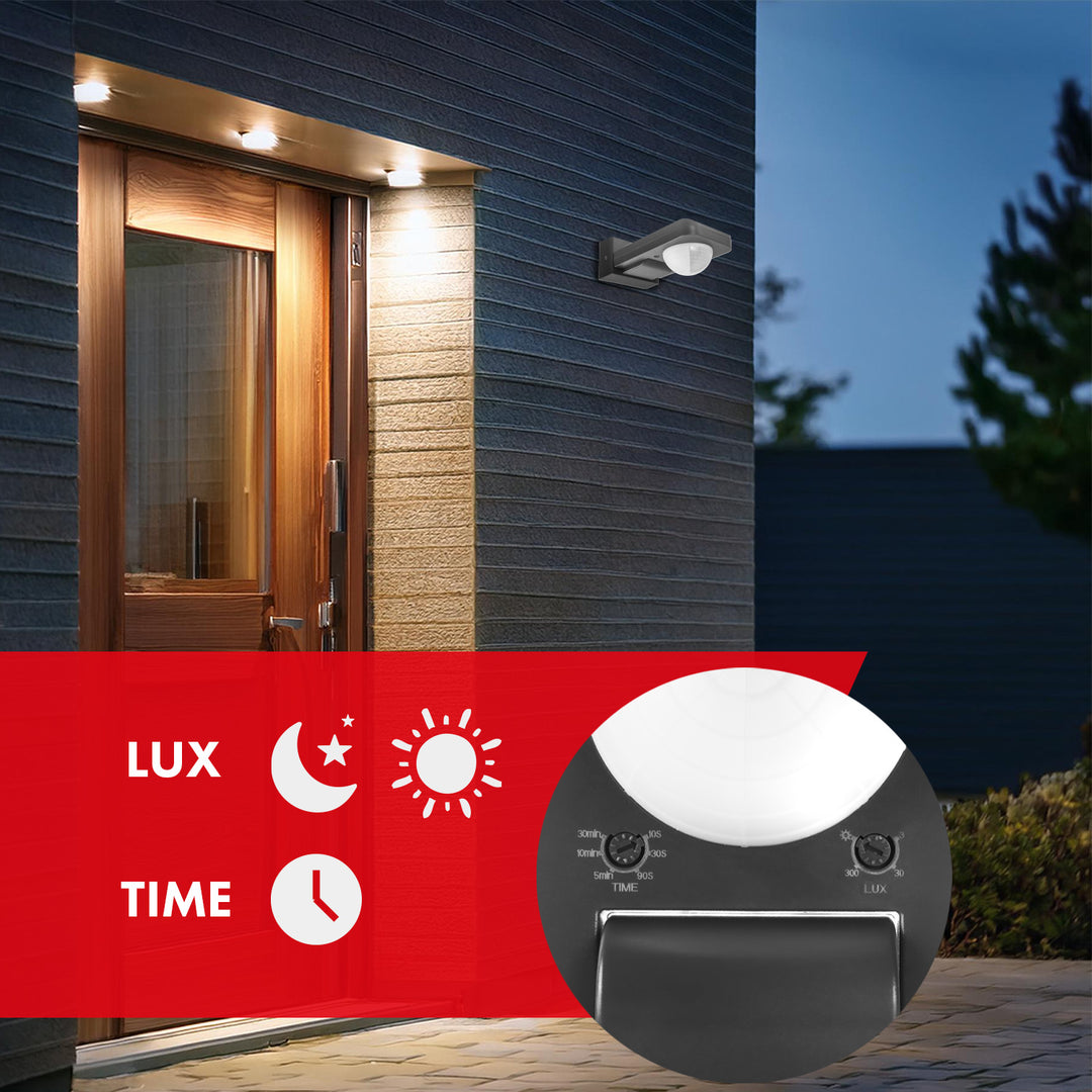 Sensor de movimento infravermelho e crepuscular Maclean MCE243 GR, alcance de deteção de 360° até 20 m, proteção IP65 contra água e poeiras, máx. 2000 W, infravermelhos PIR, interno e externo